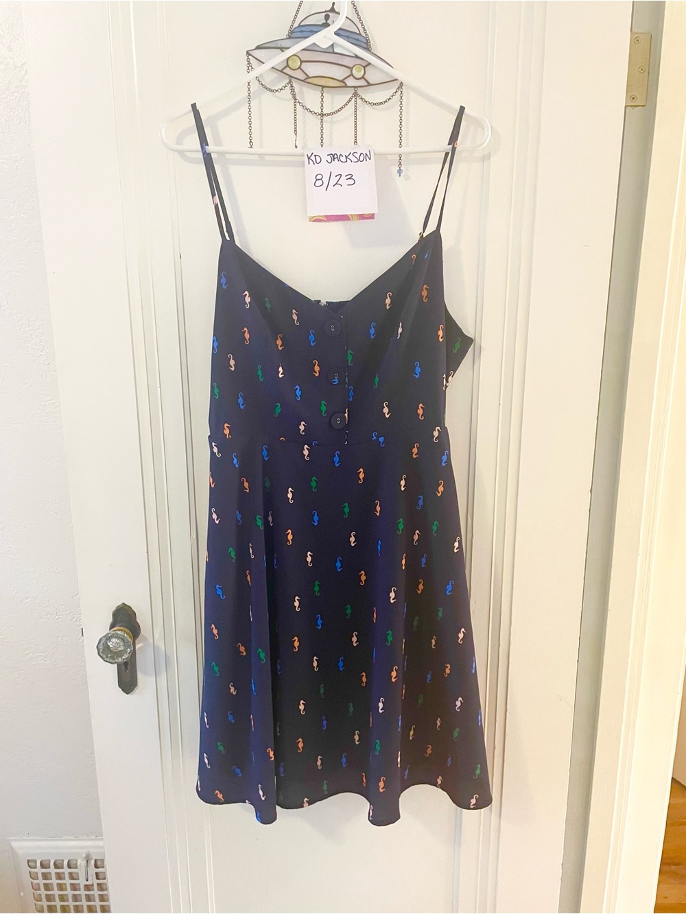 Navy Spaghetti-Strap Dress with Colorful Seahorse Print